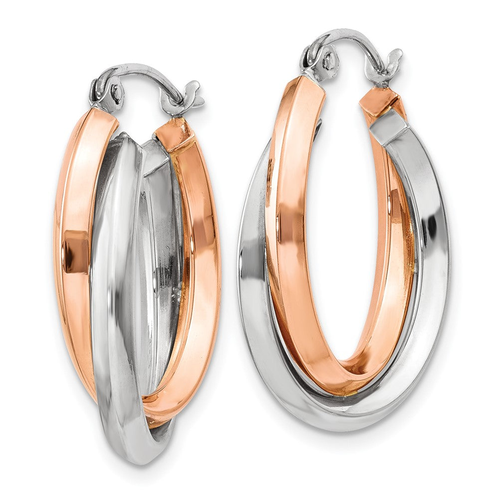 14k Two-tone 3 mm Rose and White Gold Polished Oval Tube Hoop Earrings (2.88 grams)