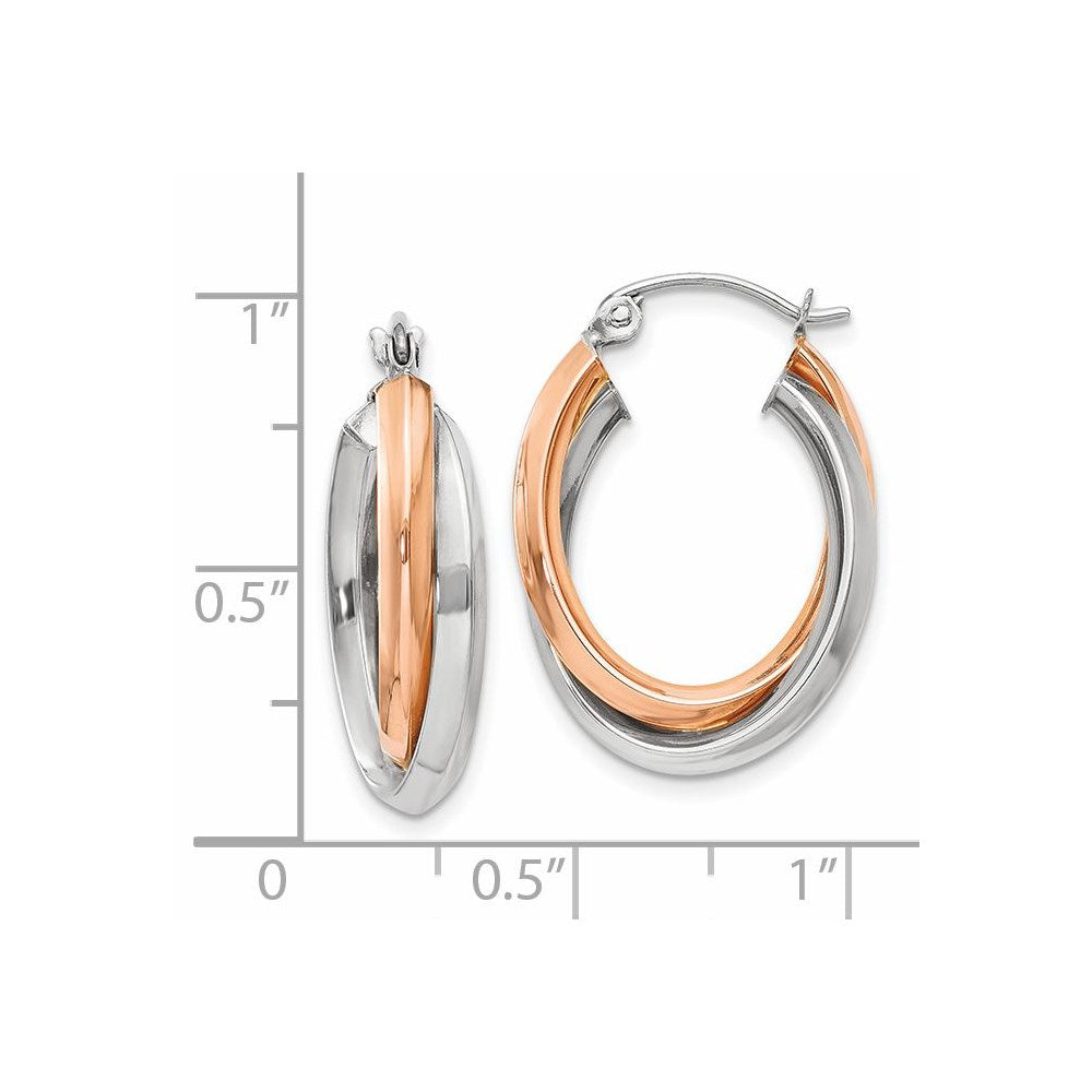 14k Two-tone 3 mm Rose and White Gold Polished Oval Tube Hoop Earrings (2.88 grams)