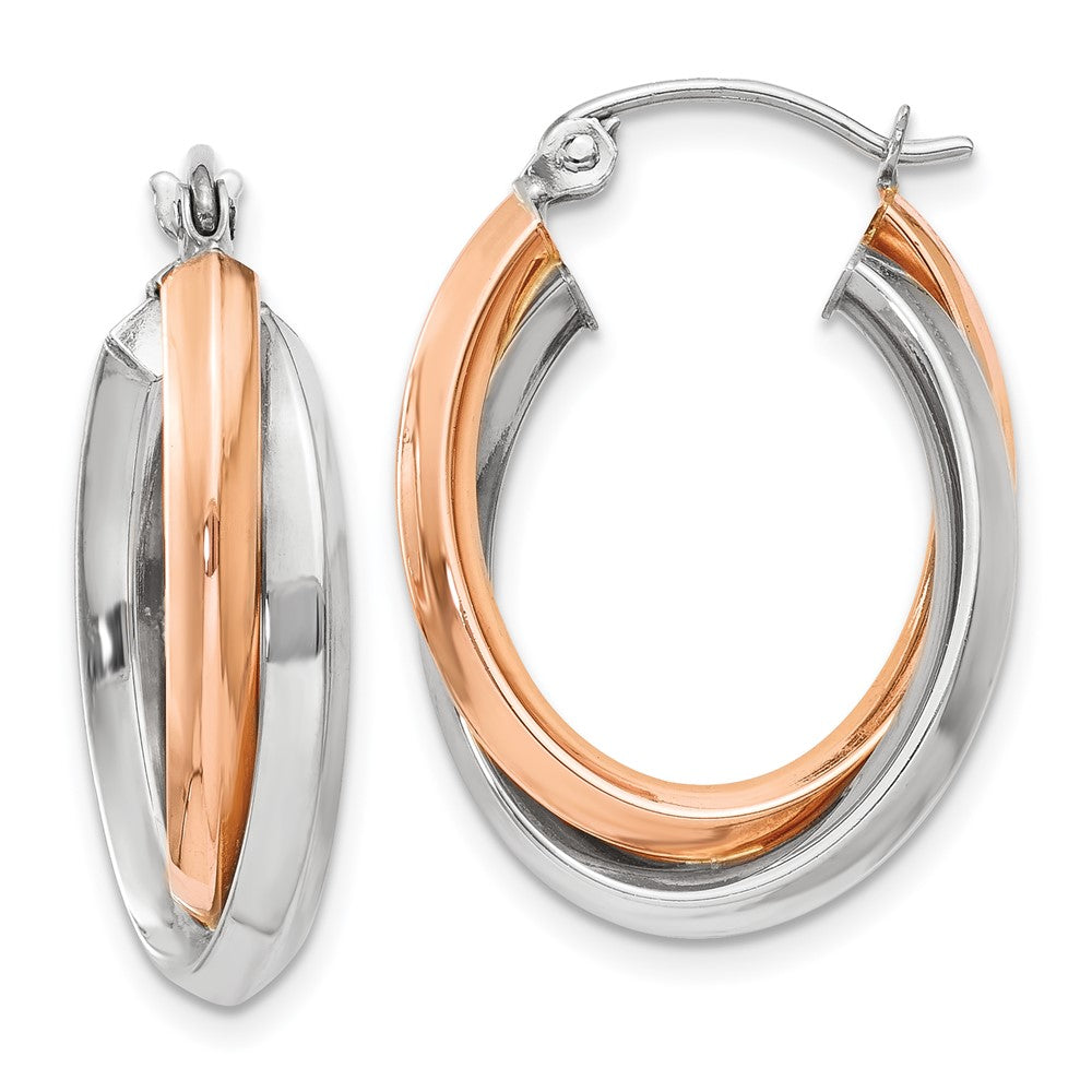 14k Two-tone 3 mm Rose and White Gold Polished Oval Tube Hoop Earrings (2.88 grams)