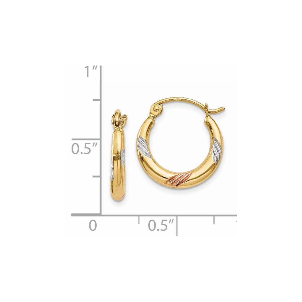 14k Yellow & Rhodium 2 mm Polished & Textured Hoop Earrings (0.57 grams)