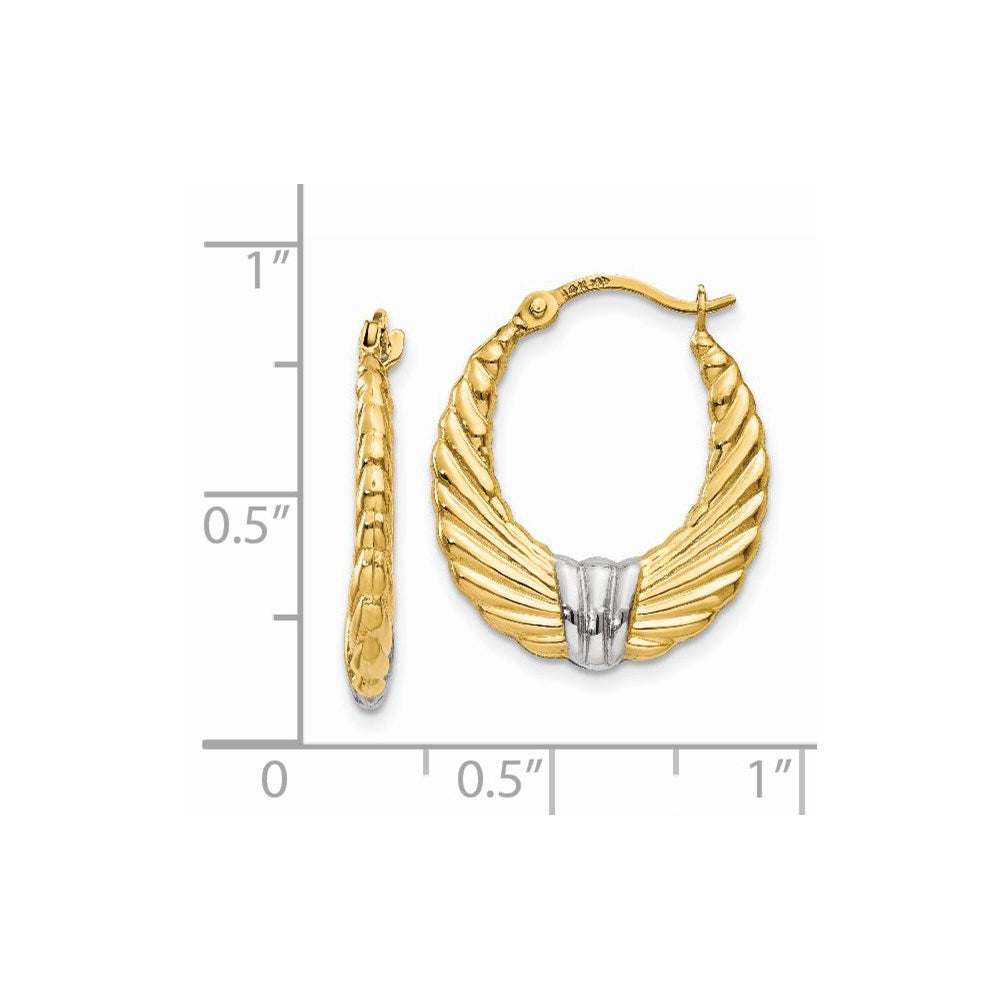14k Yellow & Rhodium 2 mm Polished and Textured Hoop Earrings (0.76 grams)