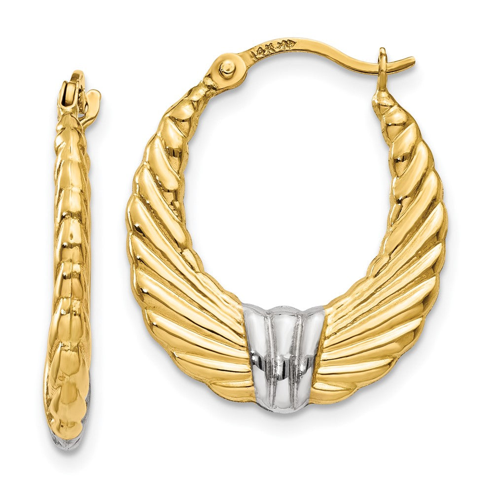 14k Yellow & Rhodium 2 mm Polished and Textured Hoop Earrings (0.76 grams)