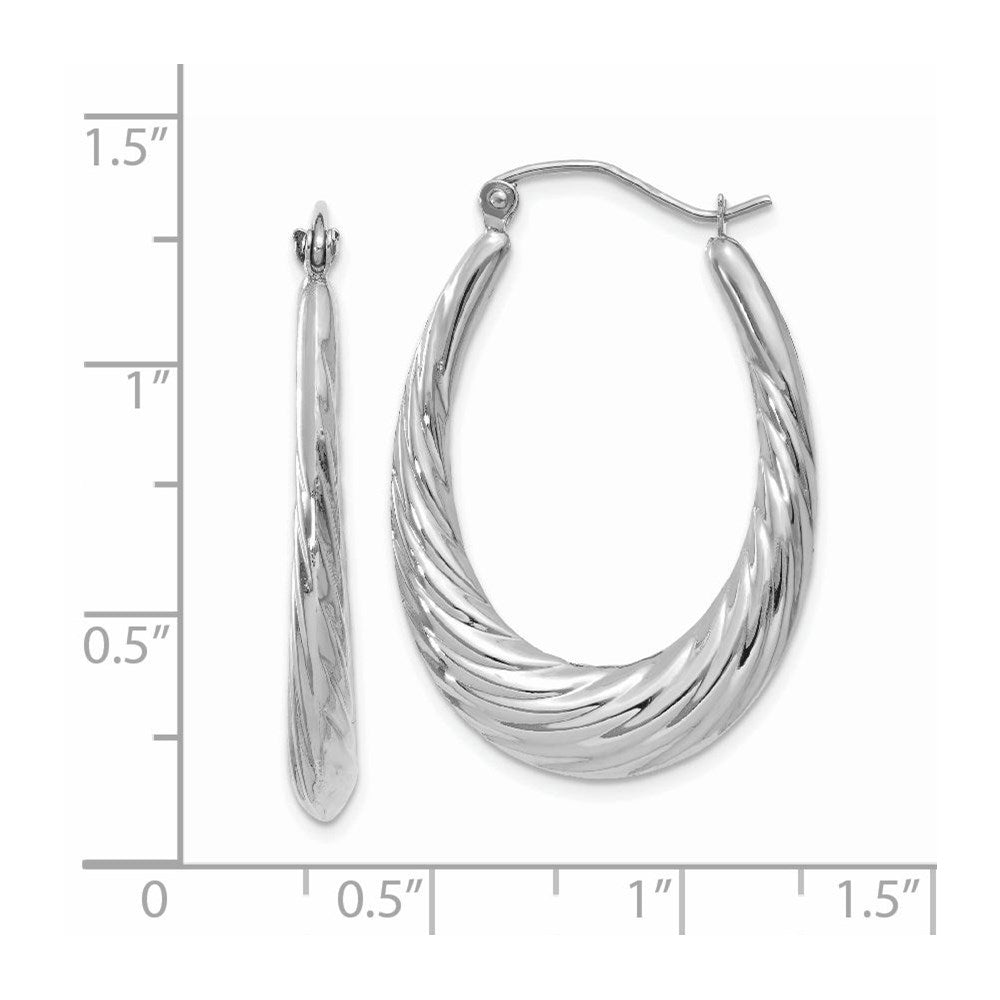 14k White Gold 4 mm Polished and Textured Oval Hoop Earrings (2.19 grams)