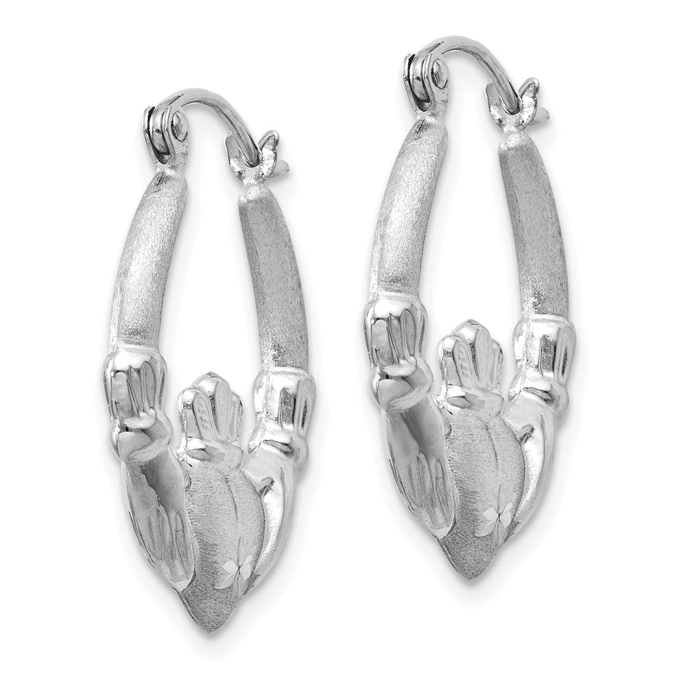 14k White Gold 2 mm Satin and Diamond-cut Claddagh Hoop Earrings (1.55 grams)