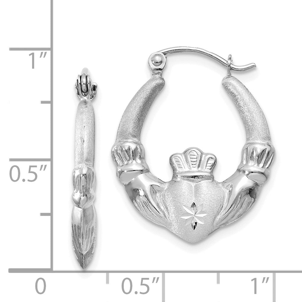 14k White Gold 2 mm Satin and Diamond-cut Claddagh Hoop Earrings (1.55 grams)