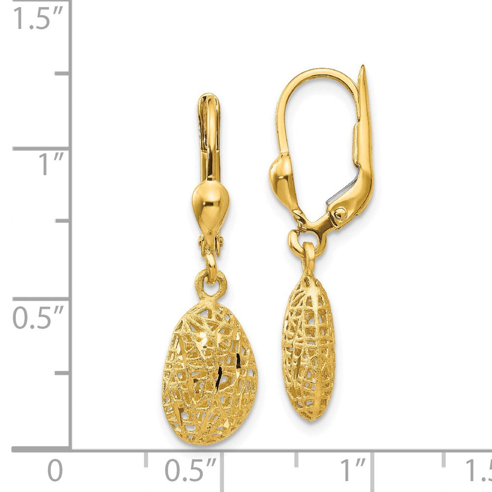 14k Yellow Gold 8 mm Gold Polished Diamond-cut Satin Puff Dangle Leverback Earrings (1.98 grams)