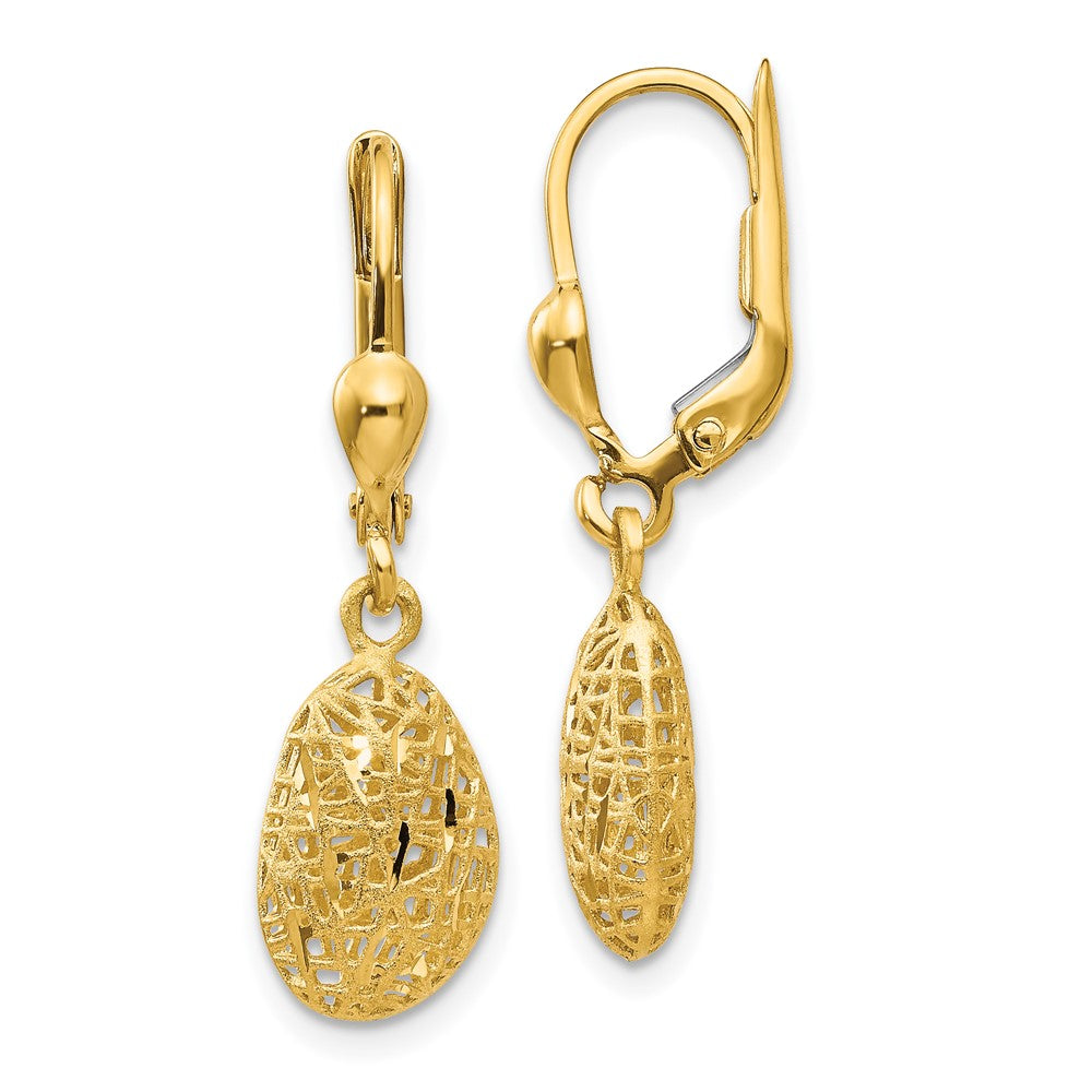 14k Yellow Gold 8 mm Gold Polished Diamond-cut Satin Puff Dangle Leverback Earrings (1.98 grams)