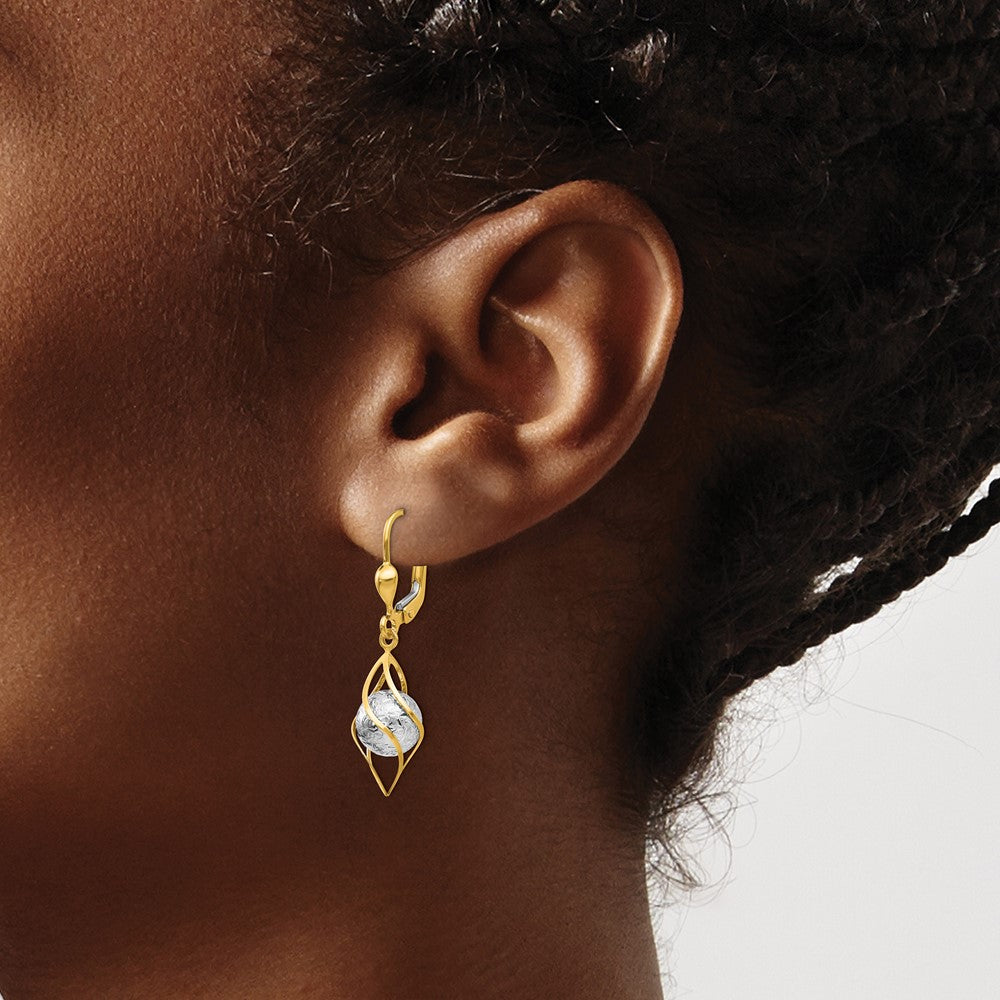 14k Two-tone 6 mm Two-Tone Textured and Polished Dangle Leverback Earrings (1.74 grams)