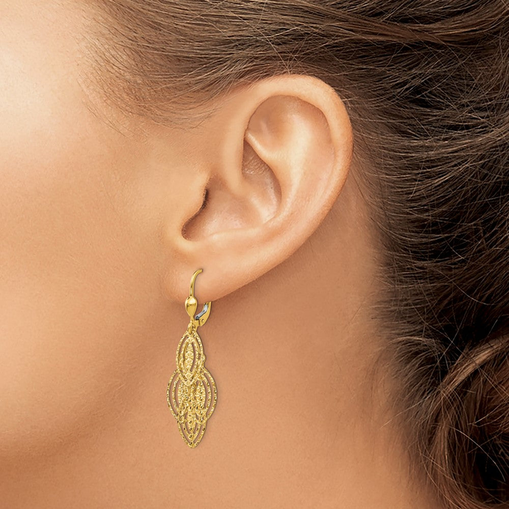 14k Yellow Gold 13 mm Gold Textured and Polished Dangle Leverback Earrings (2.78 grams)