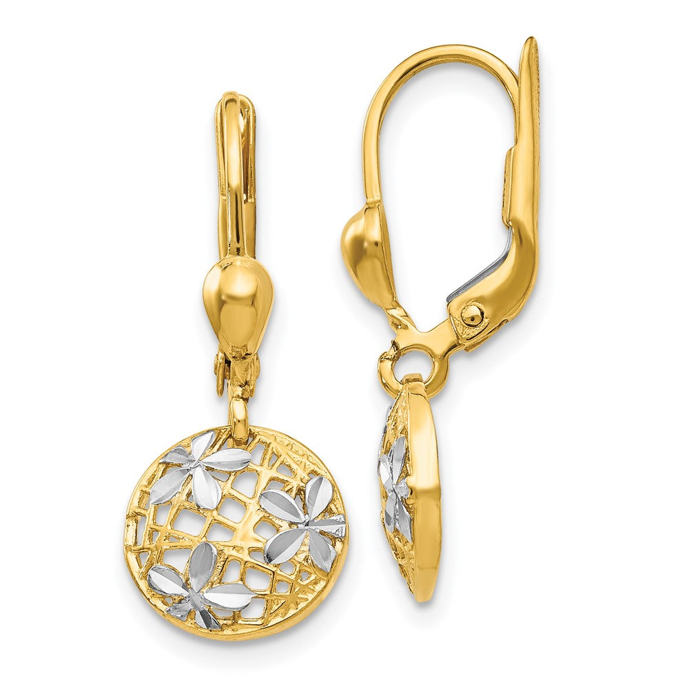 14k Yellow & Rhodium 7 mm Polished Diamond-cut Dangle Leverback Earrings (2.05 grams)