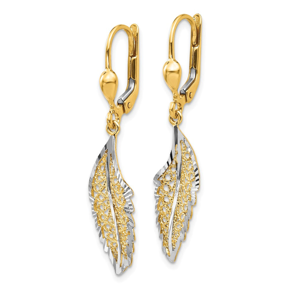 14k Yellow & Rhodium 5 mm Polished and Textured Leaf Leverback Earrings (2.04 grams)
