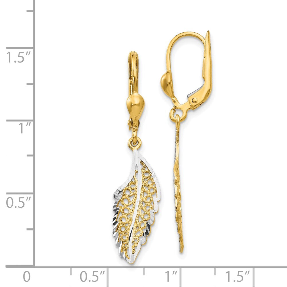 14k Yellow & Rhodium 5 mm Polished and Textured Leaf Leverback Earrings (2.04 grams)