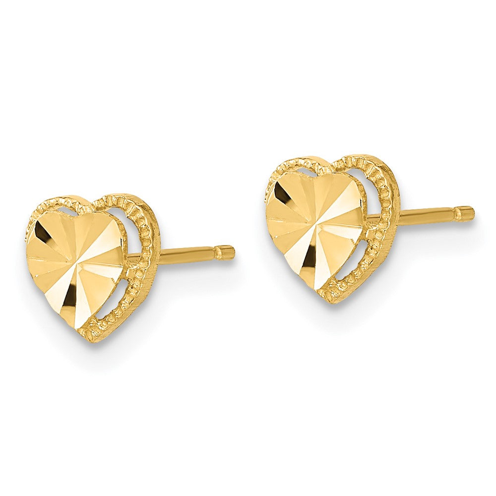 14k Yellow Gold 6.75 mm Polished Diamond-cut Heart Post Earrings (0.98 grams)