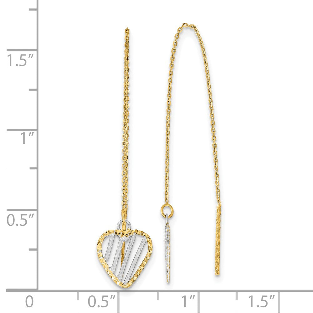 14k Yellow & Rhodium 9 mm Polished Satin and D/C Heart Threader Earrings (0.62 grams)