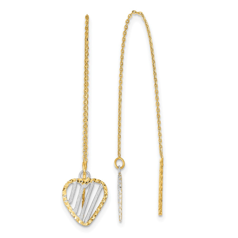 14k Yellow & Rhodium 9 mm Polished Satin and D/C Heart Threader Earrings (0.62 grams)