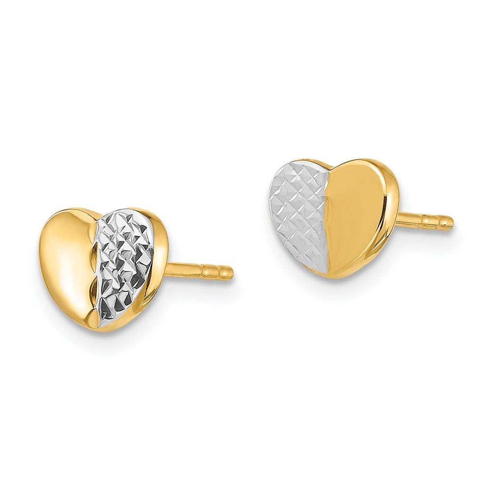 14k Yellow & Rhodium 7.4 mm Diamond-Cut Heart Post Earrings (0.84 grams)