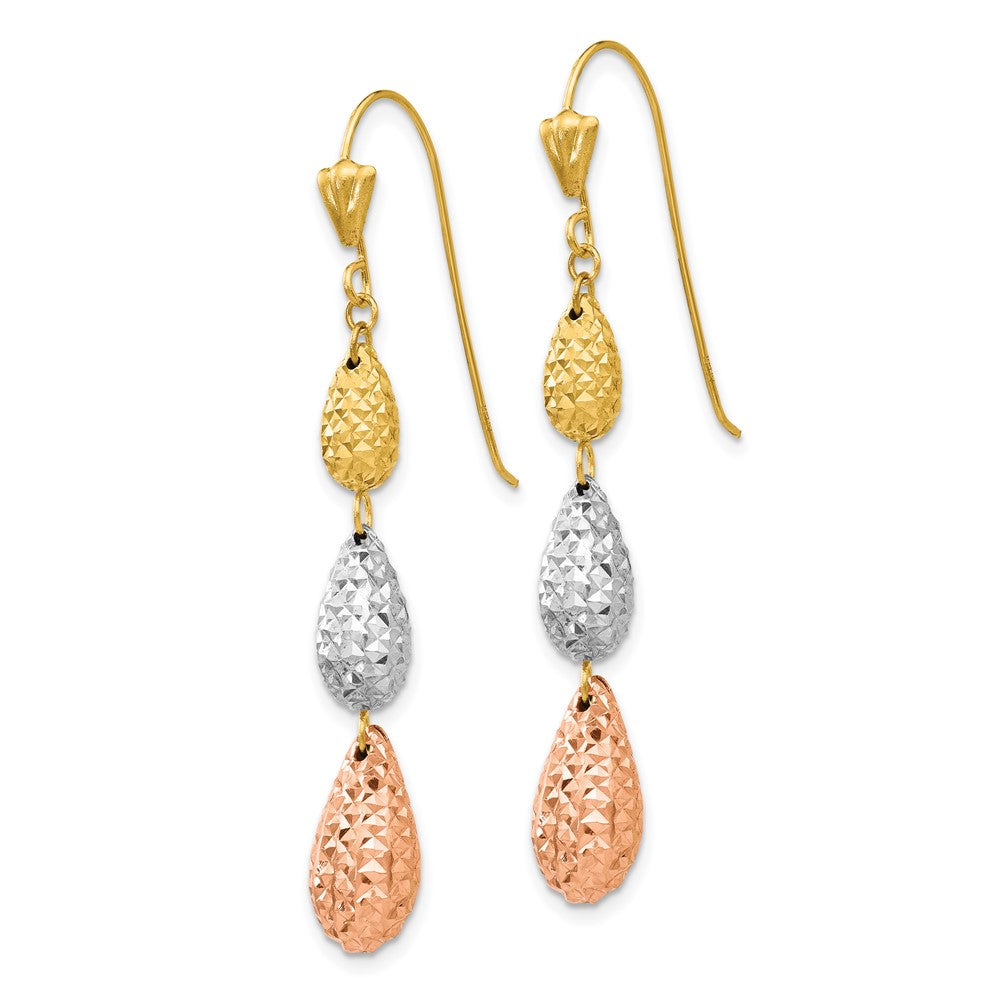 14k Tri-Color 6 mm Tri-color Puff Diamond-cut Teardrop Dangle Earrings (1.5 grams)