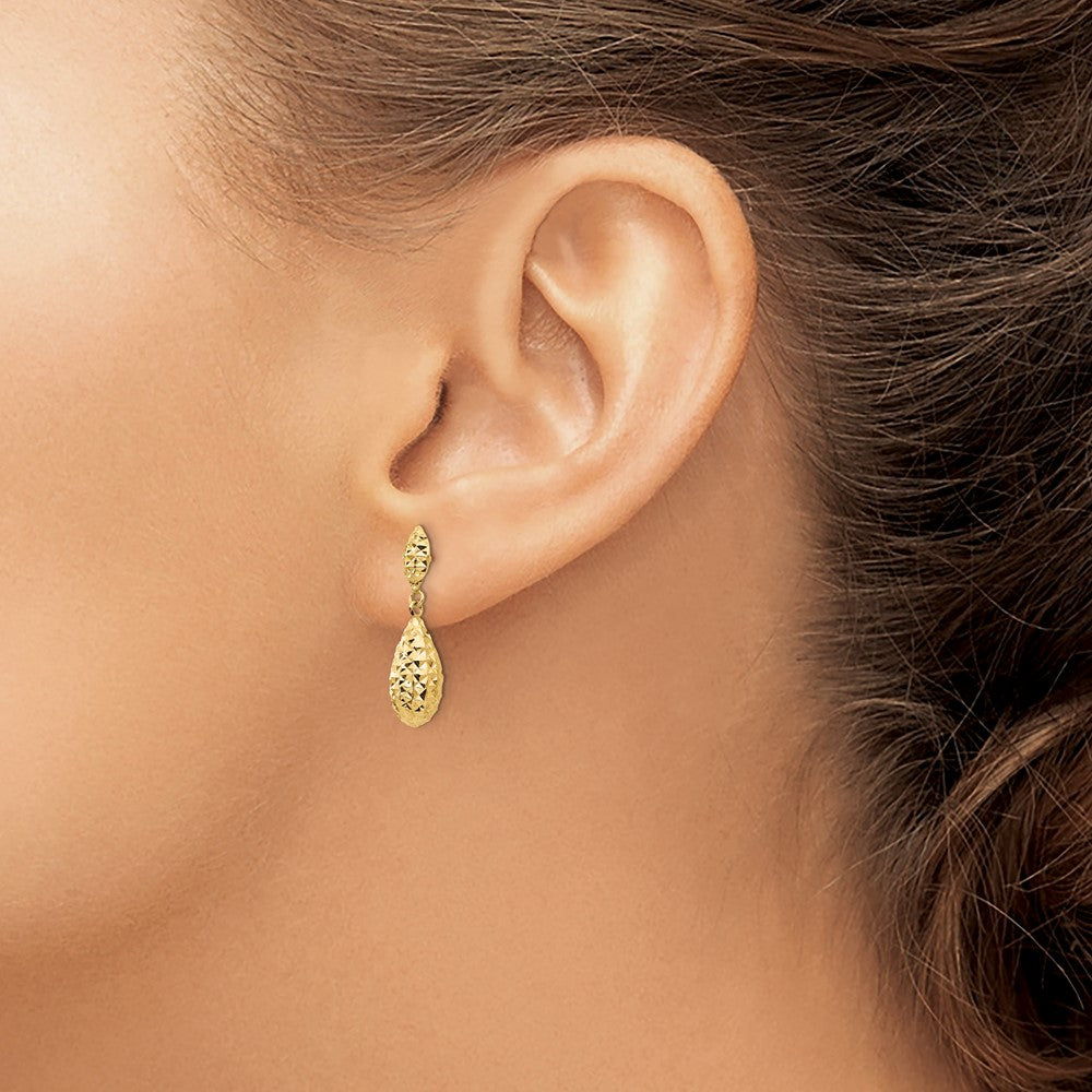 14k Yellow Gold 6 mm Diamond-cut Puff Teardrop Dangle Earrings (1 grams)