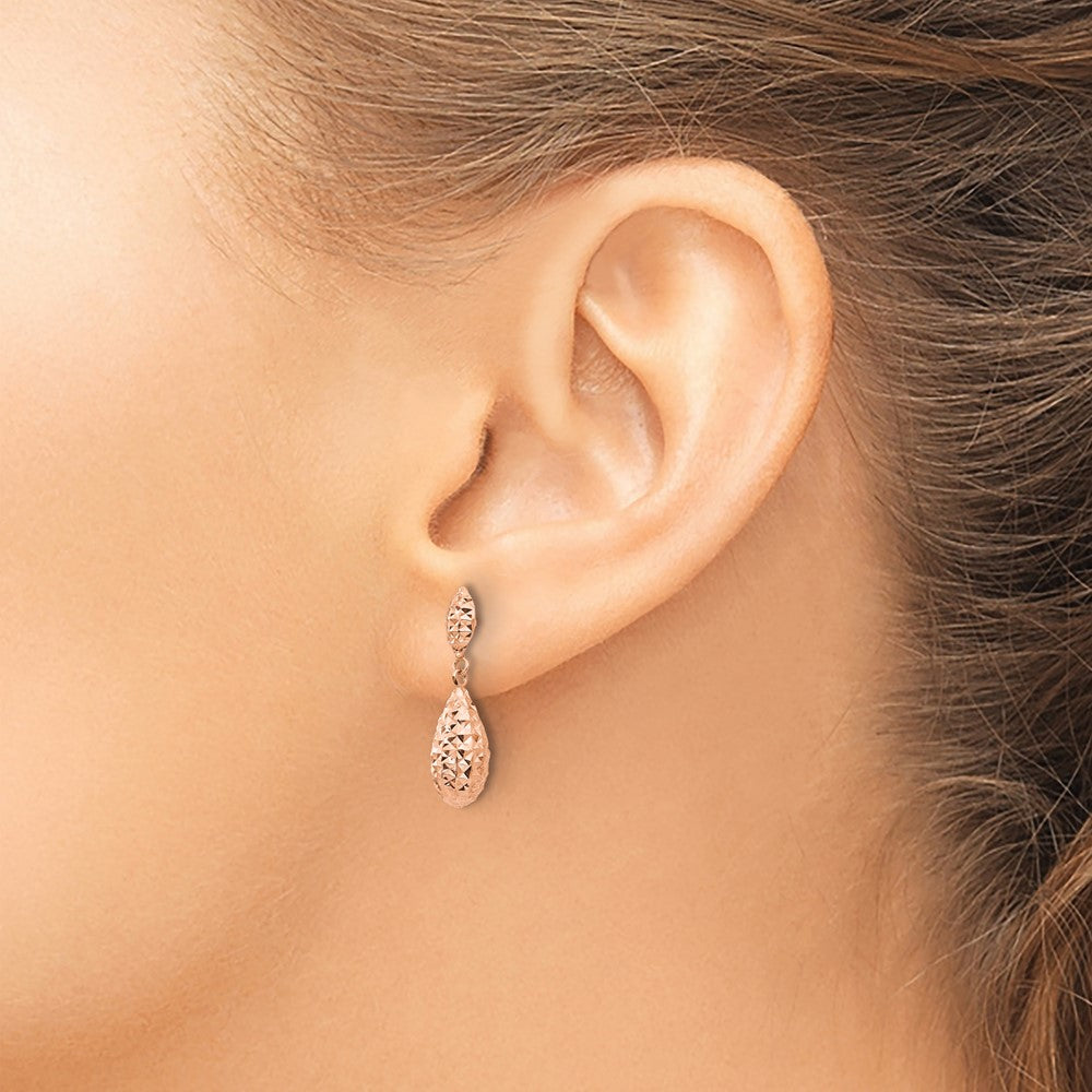14k Rose Gold 6 mm Diamond-cut Puff Teardrop Dangle Earrings (1.01 grams)