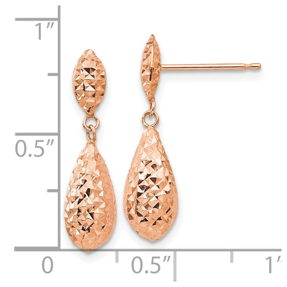 14k Rose Gold 6 mm Diamond-cut Puff Teardrop Dangle Earrings (1.01 grams)