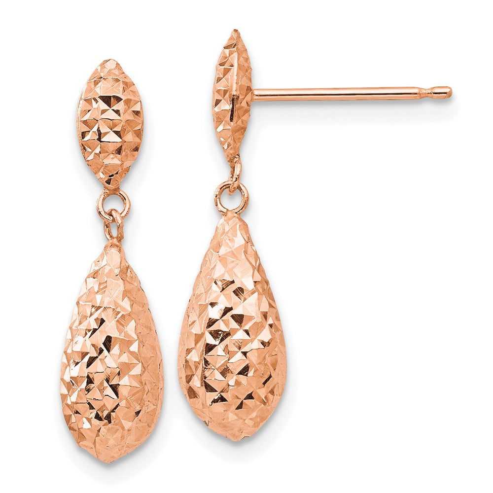 14k Rose Gold mm Diamond-cut Puff Teardrop Dangle Earrings gra