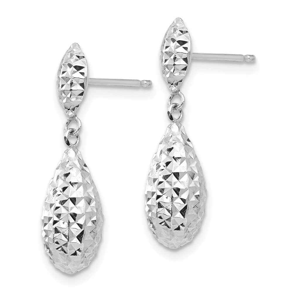 14k White Gold 6 mm Diamond-cut Puff Teardrop Dangle Earrings (0.99 grams)
