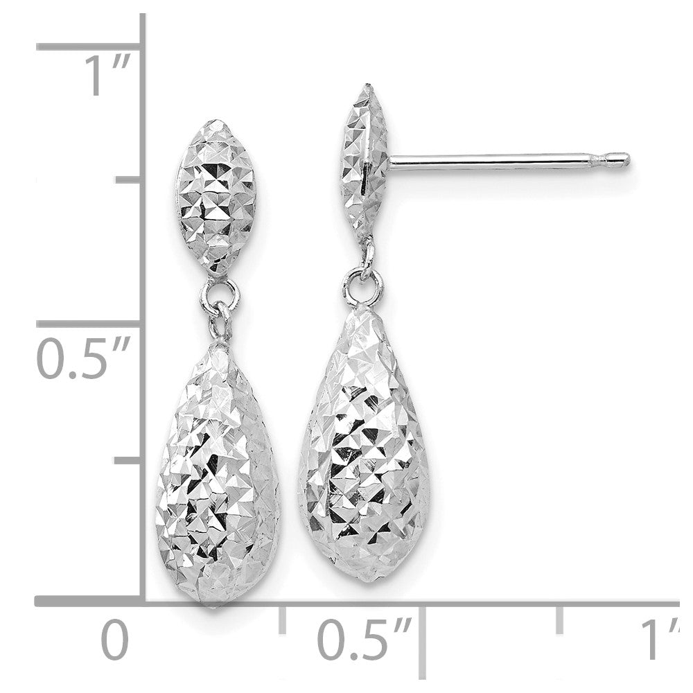 14k White Gold 6 mm Diamond-cut Puff Teardrop Dangle Earrings (0.99 grams)