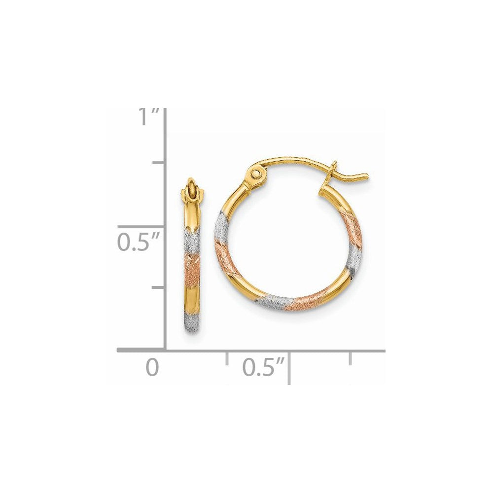 14k Yellow & Rhodium 14 mm Satin & D/C Hoop Earrings (0.62 grams)