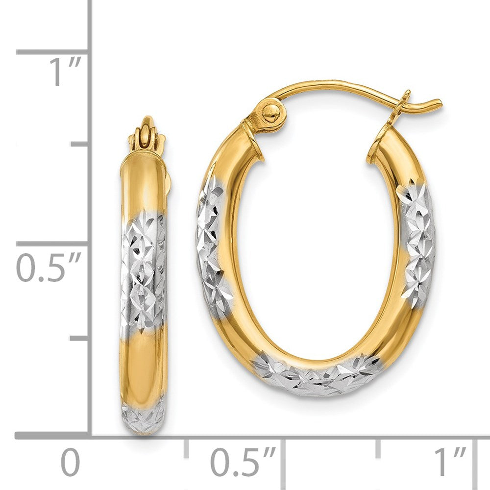 14k Yellow & Rhodium 15 mm Diamond Cut Oval Hollow Hoop Earrings (1.24 grams)