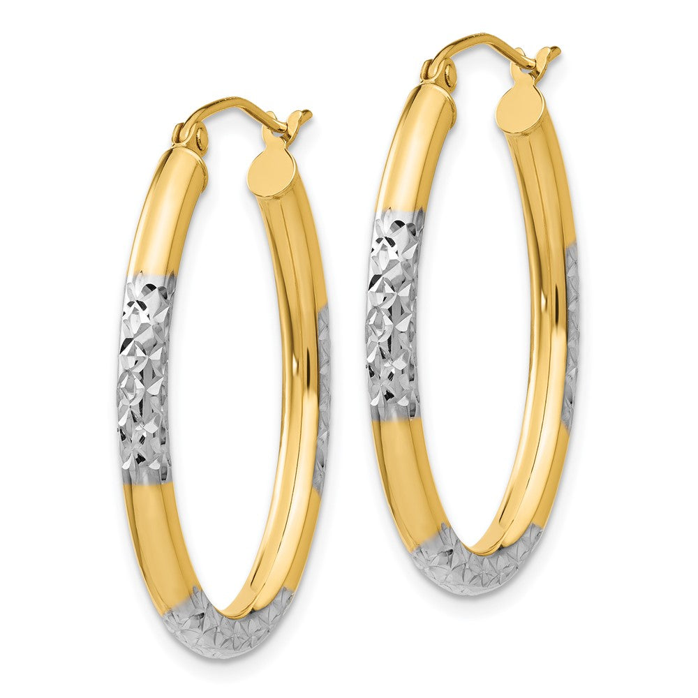 14k Yellow & Rhodium 24 mm Diamond Cut Oval Hollow Hoop Earrings (1.89 grams)
