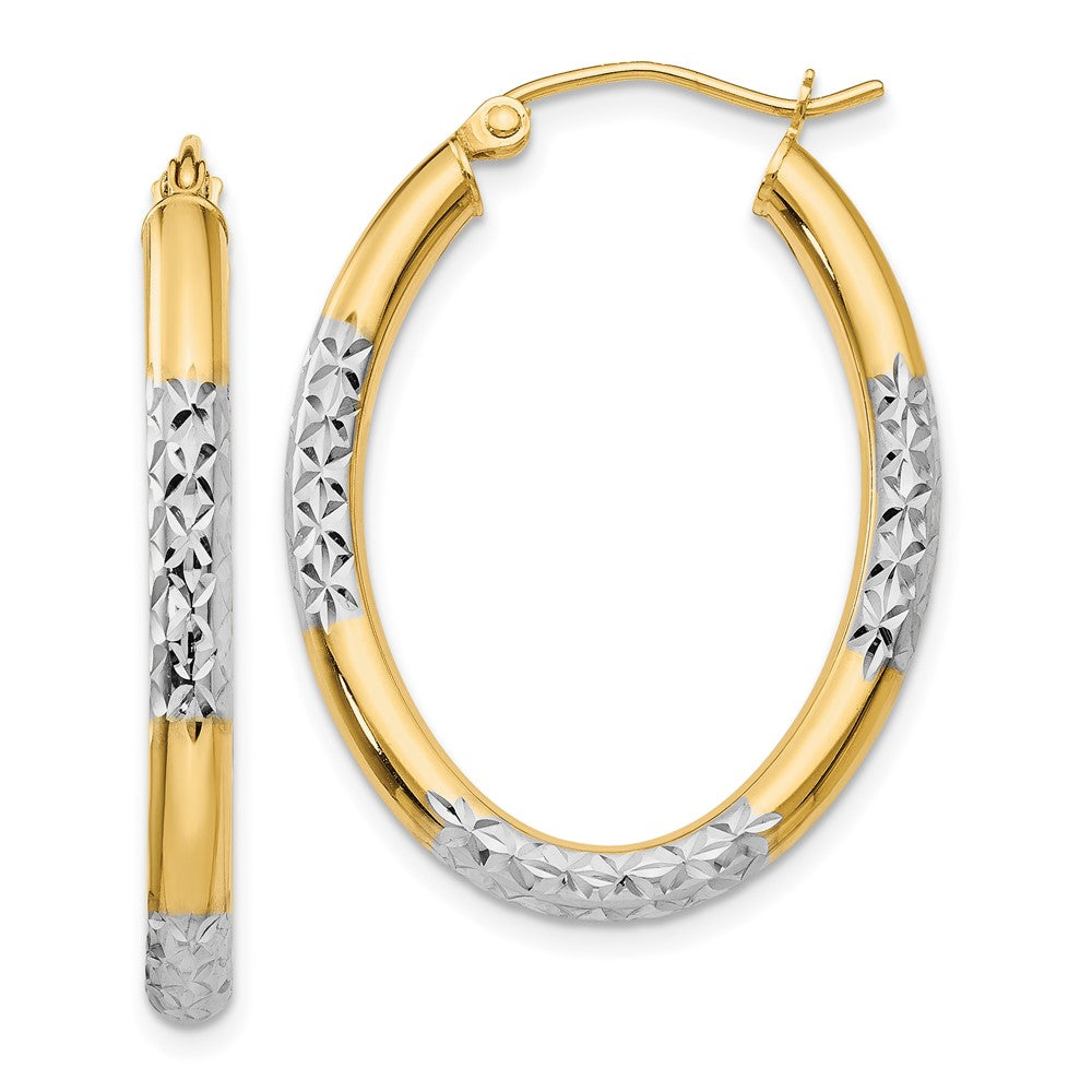 14k Yellow & Rhodium 24 mm Diamond Cut Oval Hollow Hoop Earrings (1.89 grams)