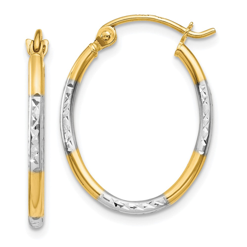 14k Yellow & Rhodium 17 mm Diamond Cut Oval Hoop Earrings (0.72 grams)