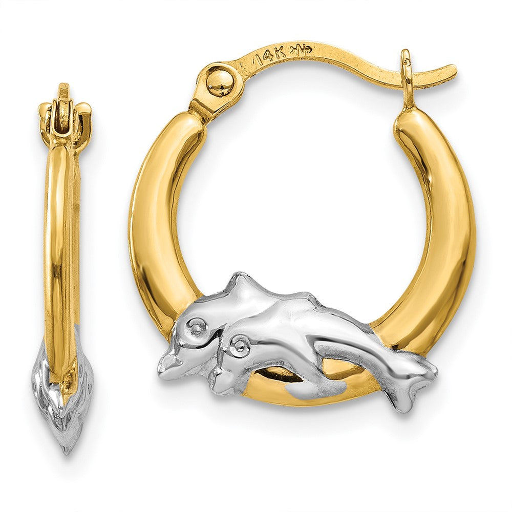 14k Yellow & Rhodium 14 mm Dolphin Hoop Earrings (0.55 grams)