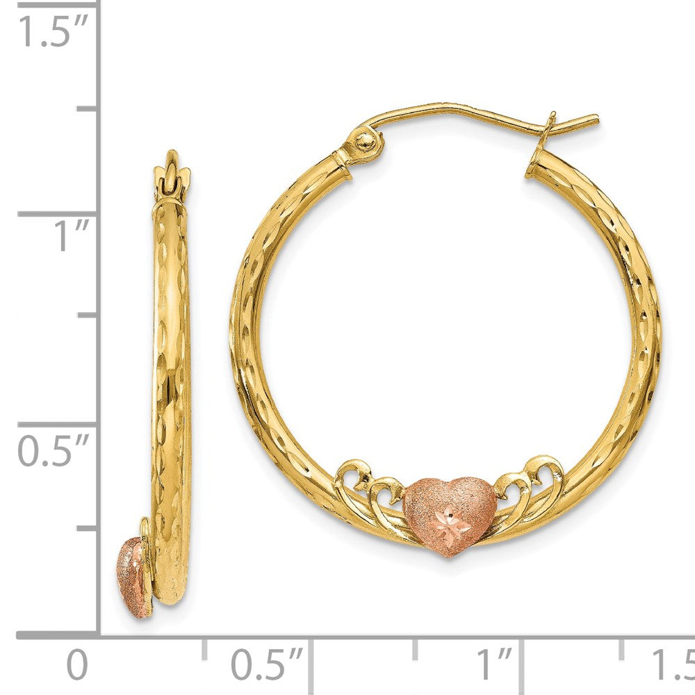 14k Two-tone 24 mm & Rose Heart D/C Hoop Earrings (1.56 grams)