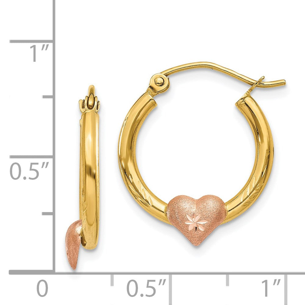 14k Two-tone 17 mm Yellow & Rose Gold Heart D/C Hoop Earrings (0.95 grams)