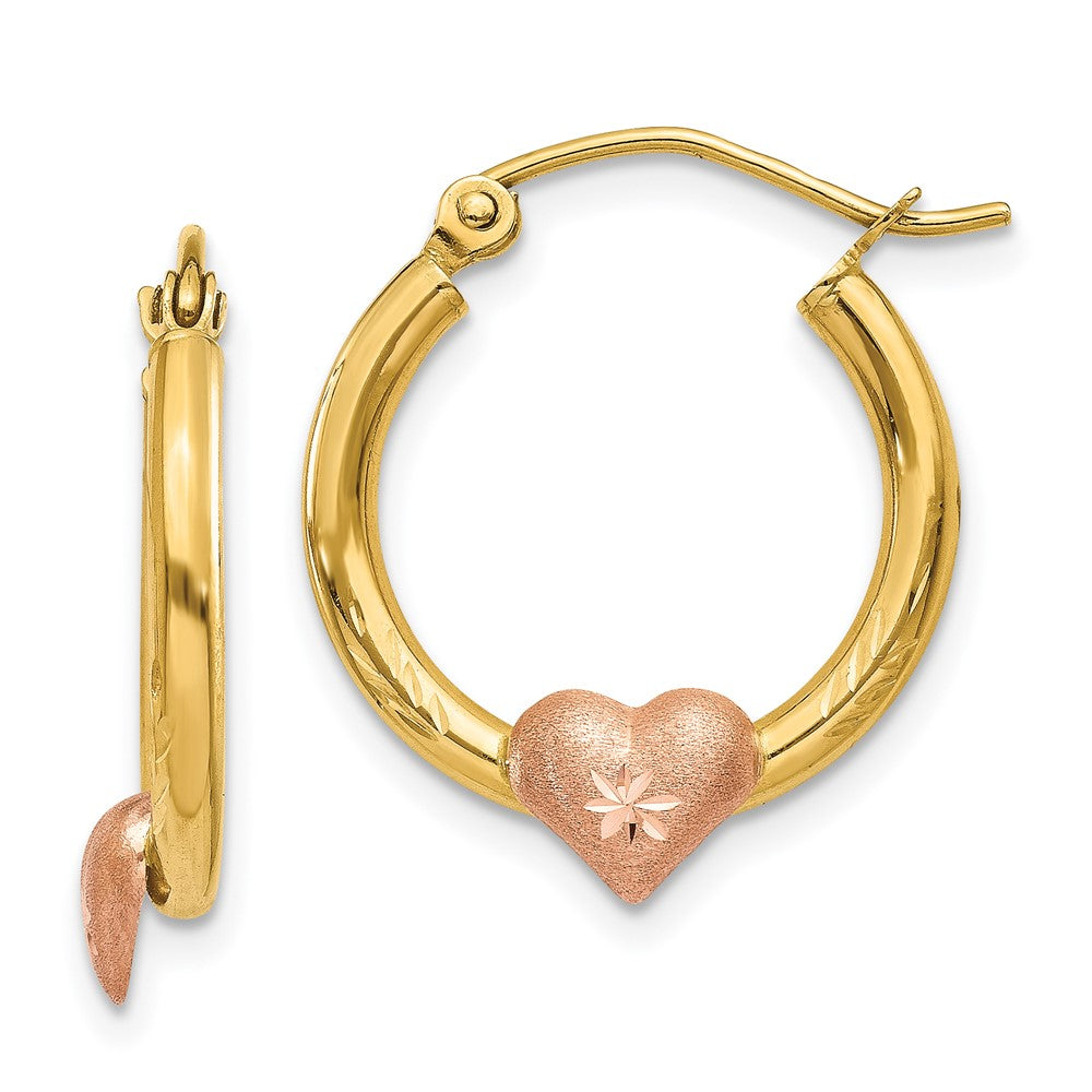 14k Two-tone 17 mm Yellow & Rose Gold Heart D/C Hoop Earrings (0.95 grams)