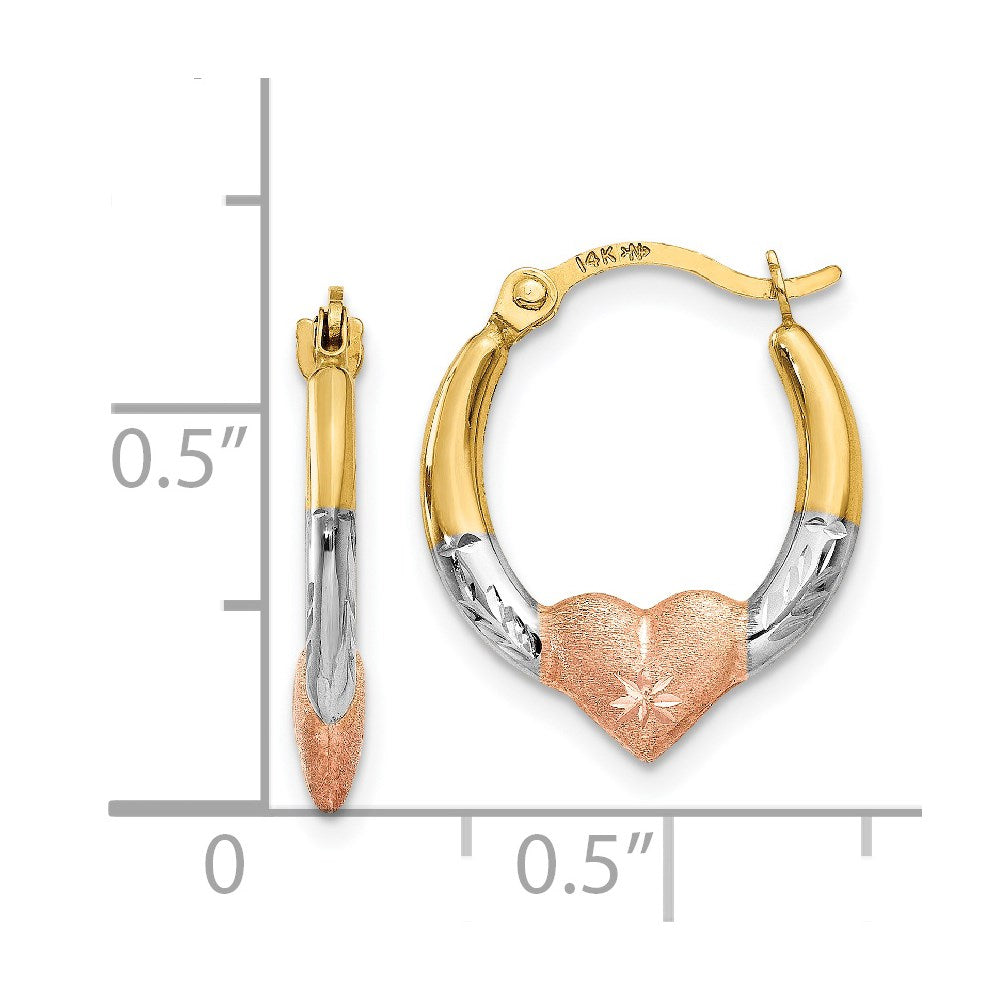14k Yellow & Rhodium 14 mm Heart Hoop Earrings (0.51 grams)