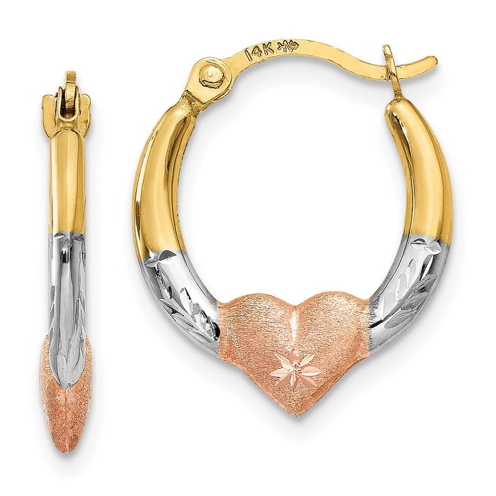 14k Yellow & Rhodium 14 mm Heart Hoop Earrings (0.51 grams)