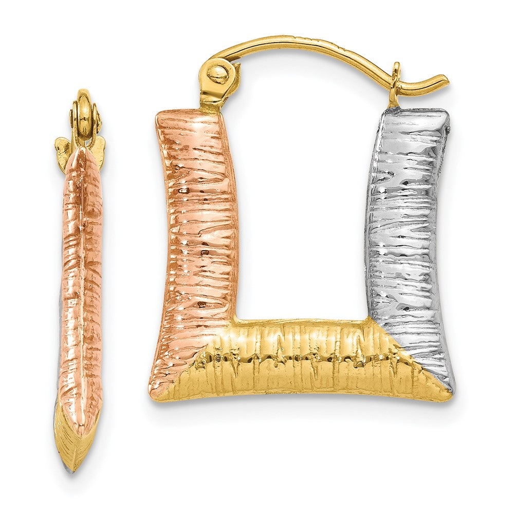 14k Yellow & Rhodium 15 mm Hollow Textured Square Hoop Earrings (0.79 grams)