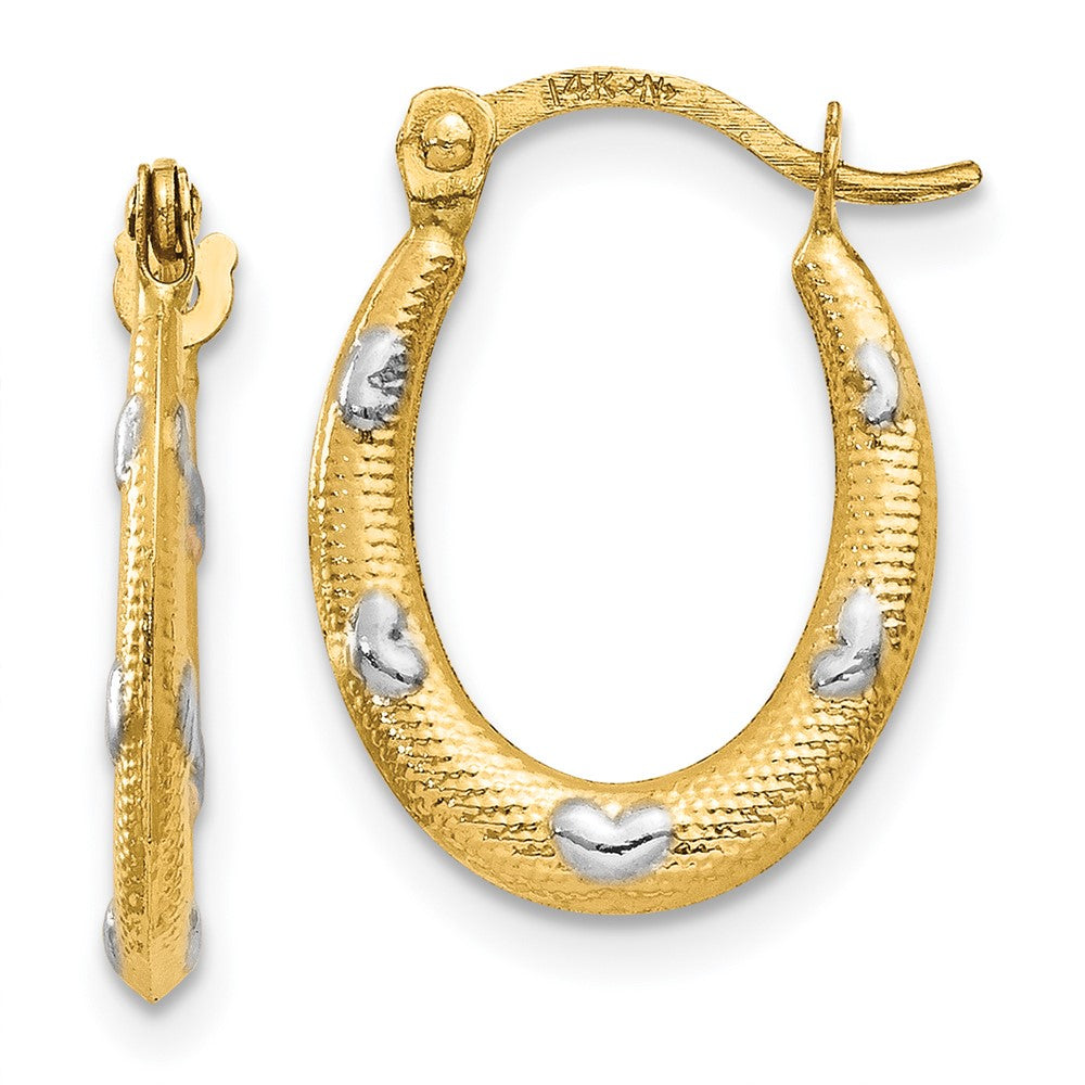 14k Yellow & Rhodium 11 mm Textured Hollow Oval w/ Hearts Hoop Earrings (0.43 grams)