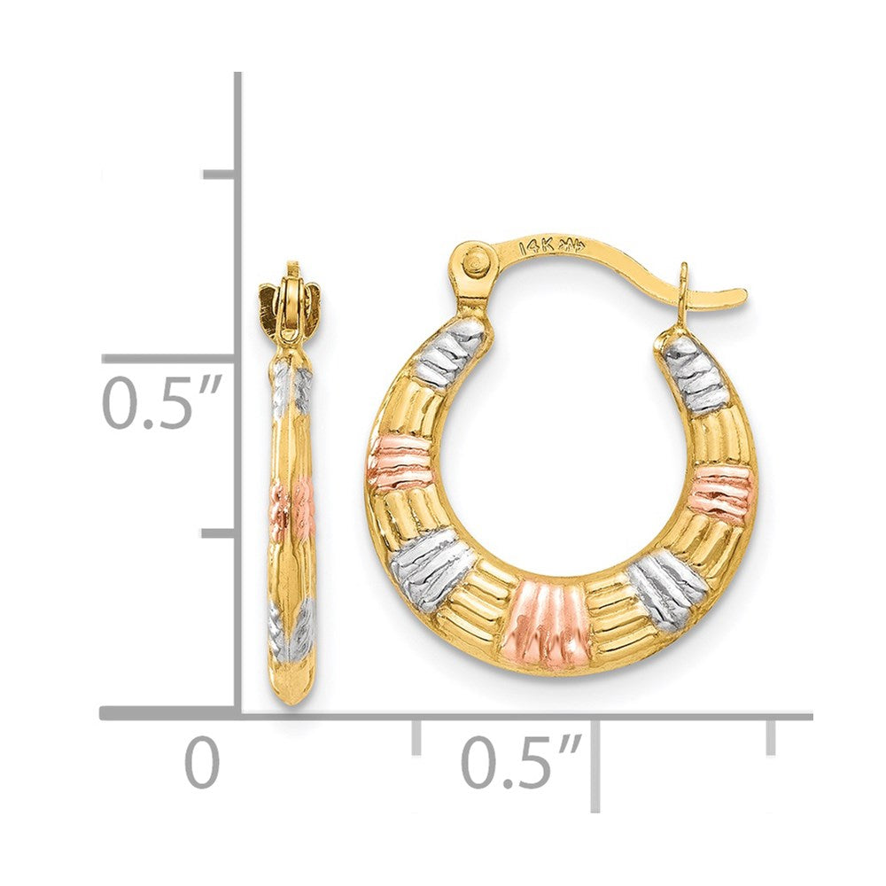 14k Yellow & Rhodium 14 mm Hollow Textured Hoop Earrings (0.52 grams)