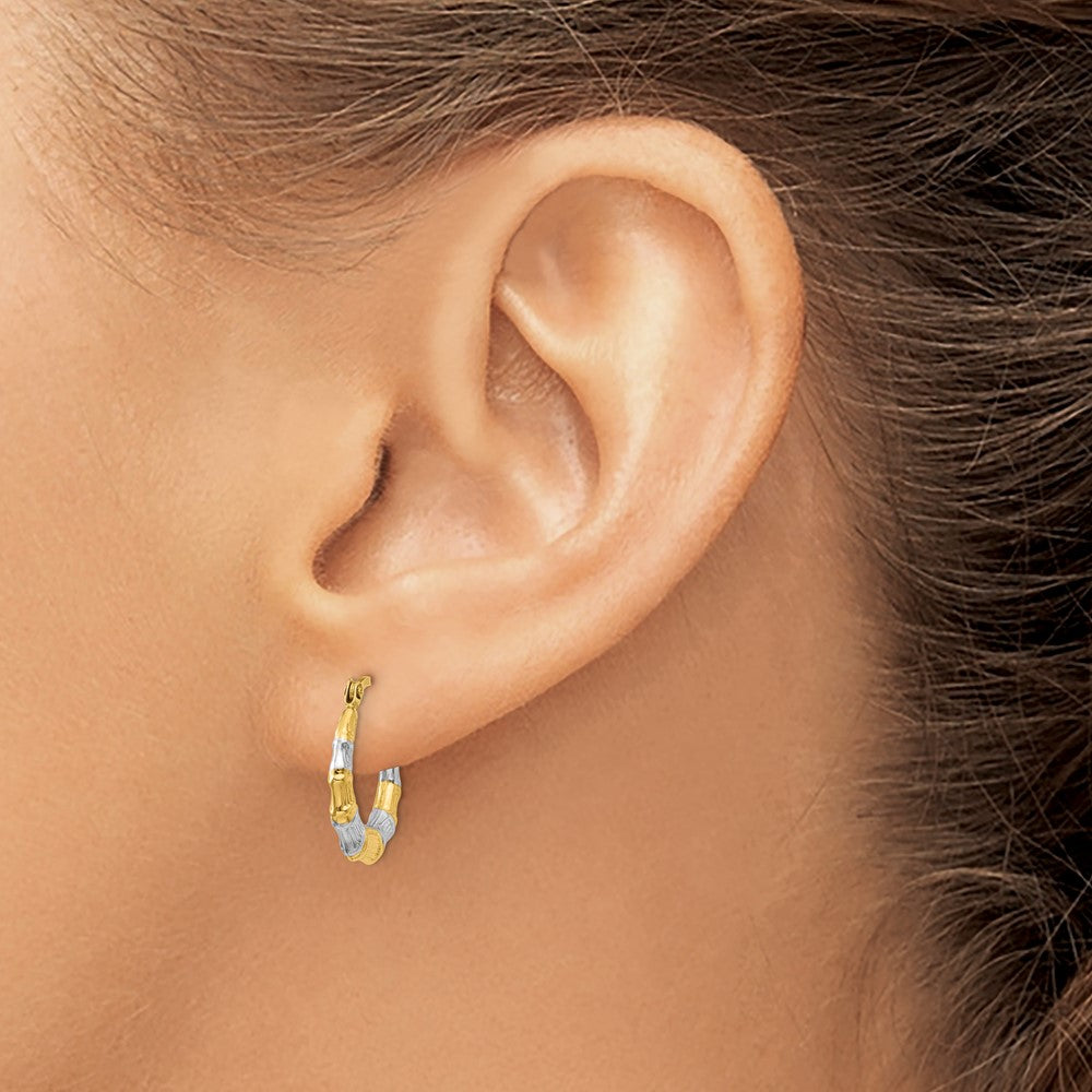 14k Yellow & Rhodium 13 mm Hollow Bamboo Hoop Earrings (0.53 grams)