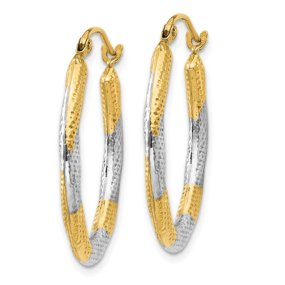 14k Yellow & Rhodium 20 mm Textured Hollow Oval Hoop Earrings (1 grams)
