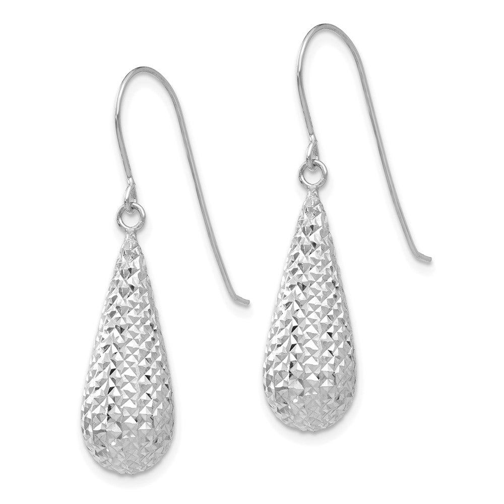 14k White Gold 8 mm Diamond Cut Puff Tear Drop Dangle Earrings (1.55 grams)