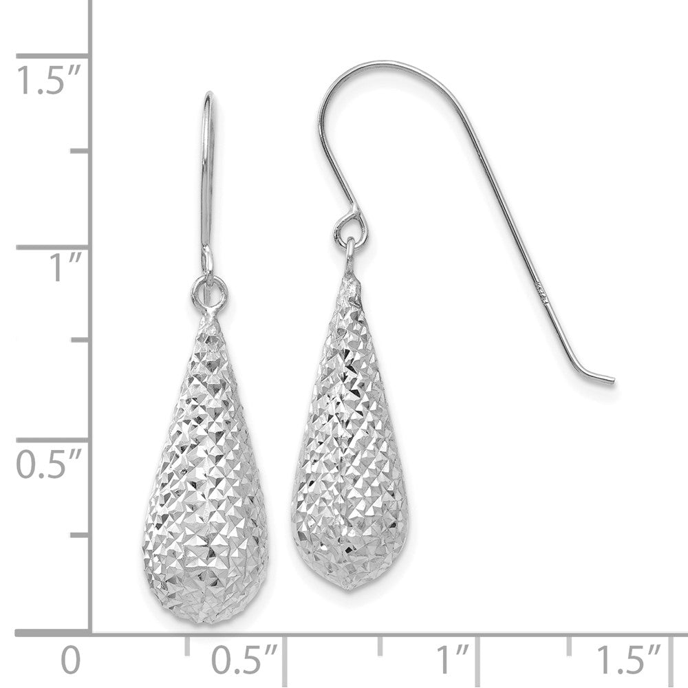 14k White Gold 8 mm Diamond Cut Puff Tear Drop Dangle Earrings (1.55 grams)