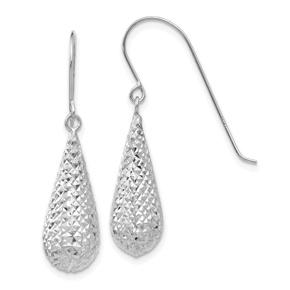 14k White Gold 8 mm Diamond Cut Puff Tear Drop Dangle Earrings (1.55 grams)