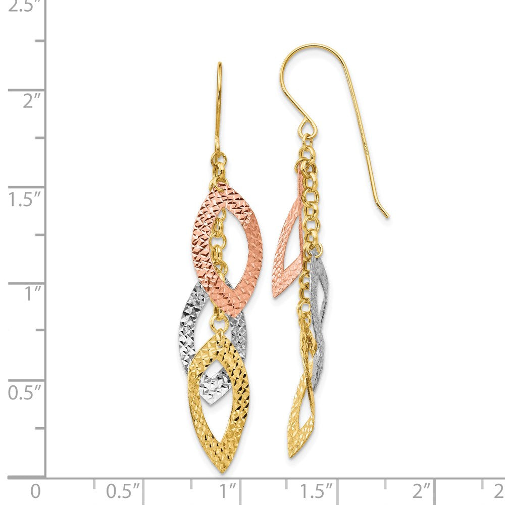 14k Tri-Color 10 mm Diamond Cut Tri-color Tear Drop Shepherd Hook Earrings (1.79 grams)