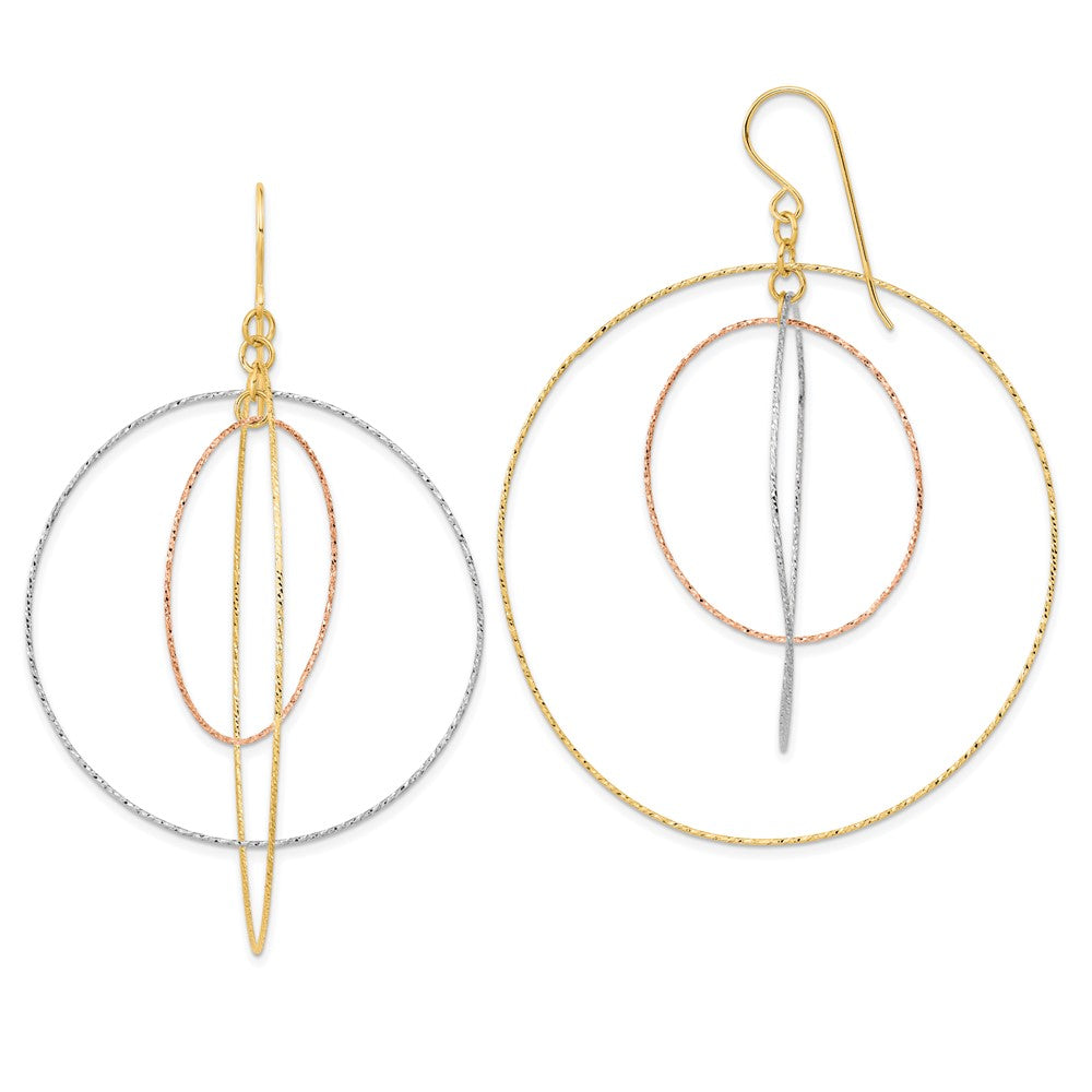 14k Tri-Color 55 mm Tri-color Diamond Cut Graduated Circles Shepherd Hook Earrings (3.22 grams)