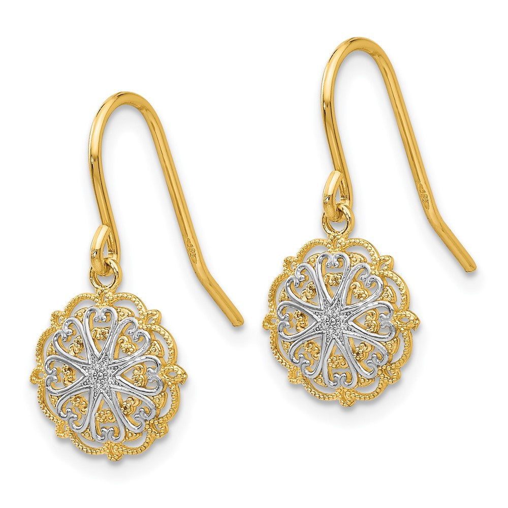 14k Yellow & Rhodium 10 mm Polished and Textured Dangle Earrings (1.02 grams)