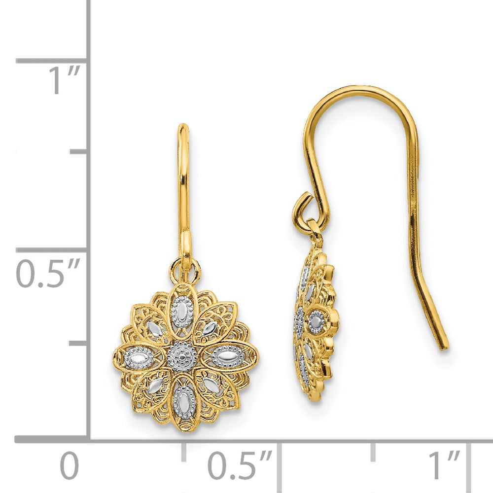 14k Yellow & Rhodium 10 mm D/C Polished Fancy Dangle Earrings (1.19 grams)